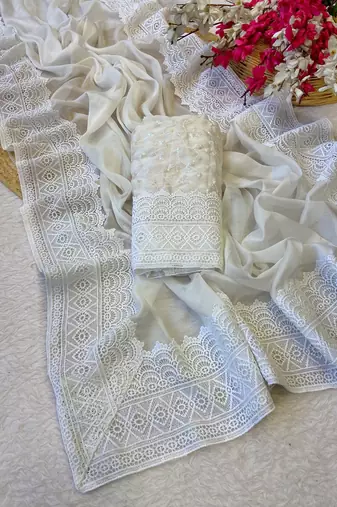 White zari embroidery work rangoli saree with blouse