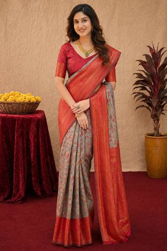 Turquoise red Art silk blend banarasi jacquard bird motif work saree with unstitched blouse piece