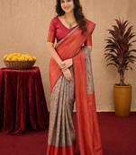 Turquoise red Art silk blend banarasi jacquard bird motif work saree with unstitched blouse piece