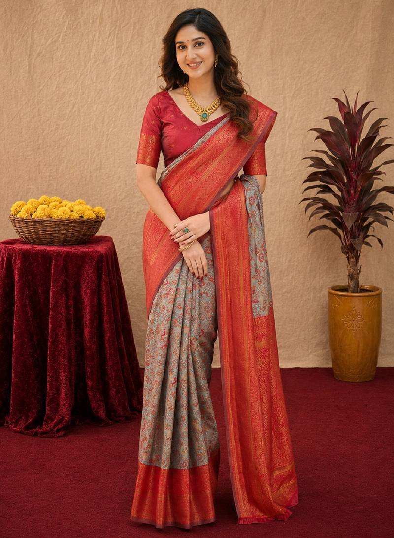 Turquoise red Art silk blend banarasi jacquard bird motif work saree with unstitched blouse piece