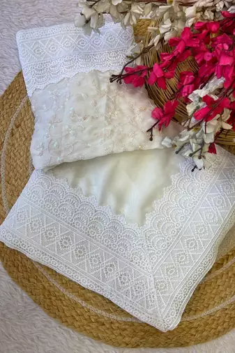 White zari embroidery work rangoli saree with blouse