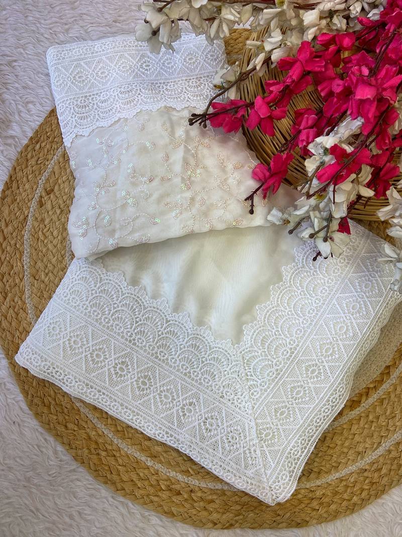 White zari embroidery work rangoli saree with blouse