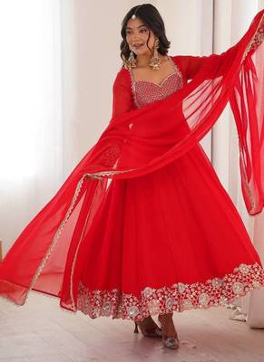 Red georgette designer embroidered anarkali suit 1