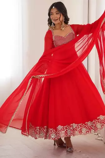 Red georgette designer embroidered anarkali suit