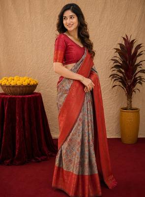 Turquoise red Art silk blend banarasi jacquard bird motif work saree with unstitched blouse piece 2