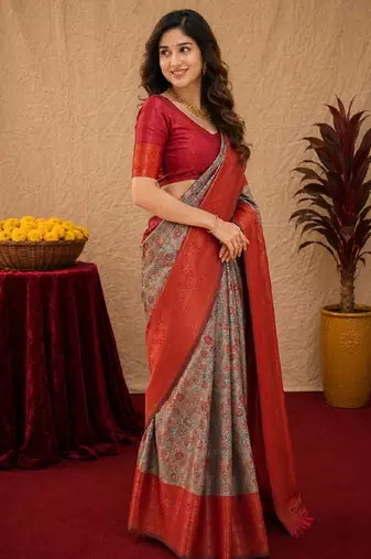Turquoise red Art silk blend banarasi jacquard bird motif work saree with unstitched blouse piece