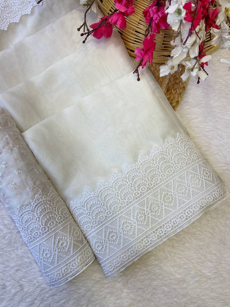 White zari embroidery work rangoli saree with blouse