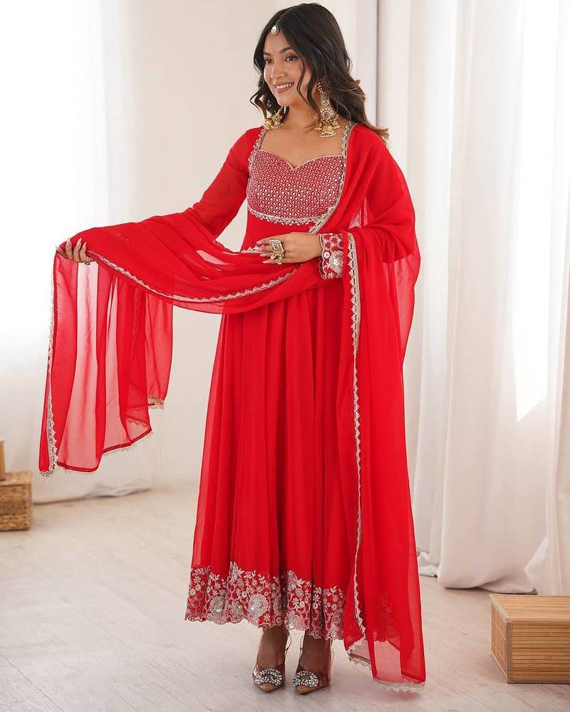 Red georgette designer embroidered anarkali suit