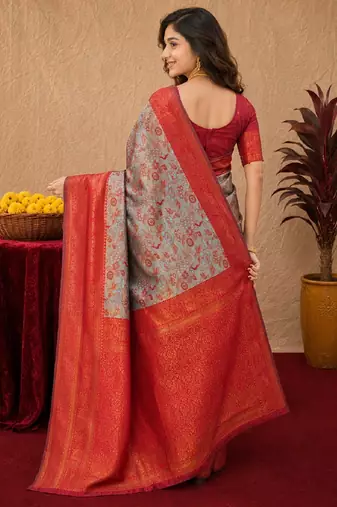 Turquoise red Art silk blend banarasi jacquard bird motif work saree with unstitched blouse piece