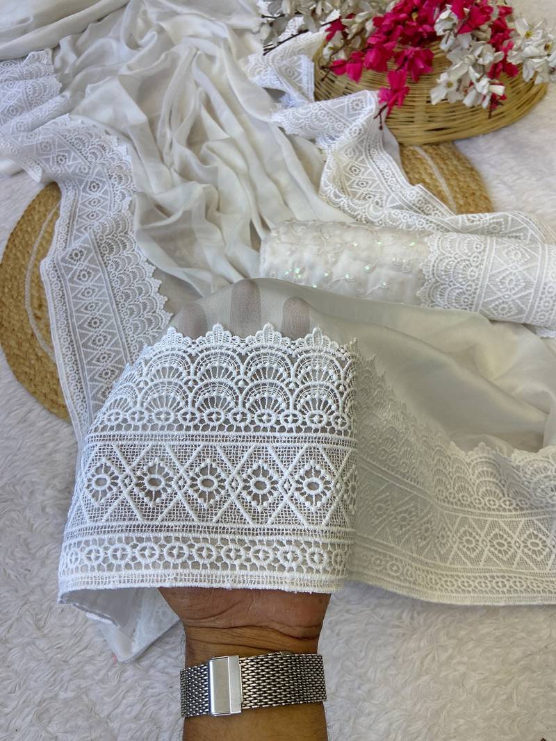 White zari embroidery work rangoli saree with blouse