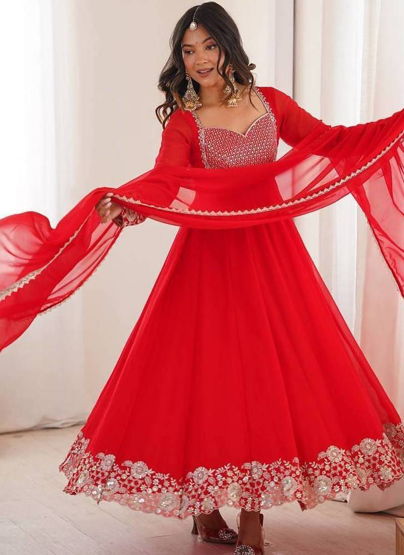 Red georgette designer embroidered anarkali suit