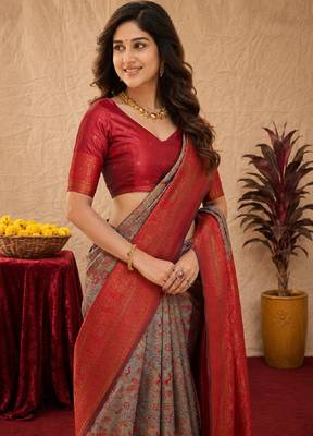 Turquoise red Art silk blend banarasi jacquard bird motif work saree with unstitched blouse piece 5