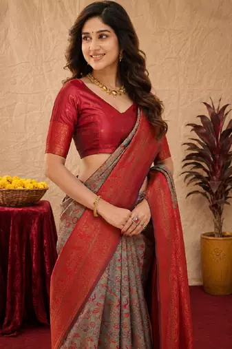 Turquoise red Art silk blend banarasi jacquard bird motif work saree with unstitched blouse piece