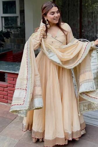 Cream tabby organza mirror work anarkali lehenga set