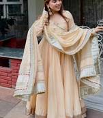 Cream tabby organza mirror work anarkali lehenga set