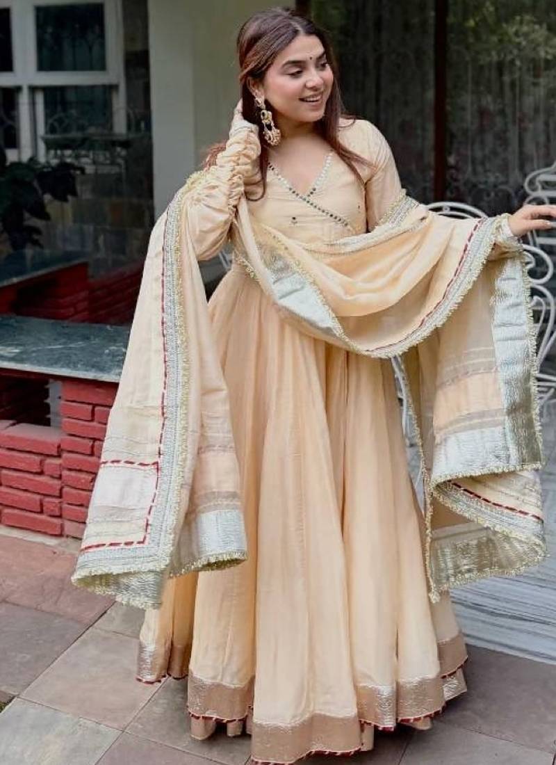 Cream tabby organza mirror work anarkali lehenga set