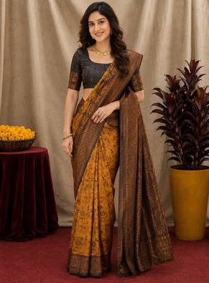 Yellow black Art silk blend banarasi jacquard bird motif work saree with unstitched blouse piece 1