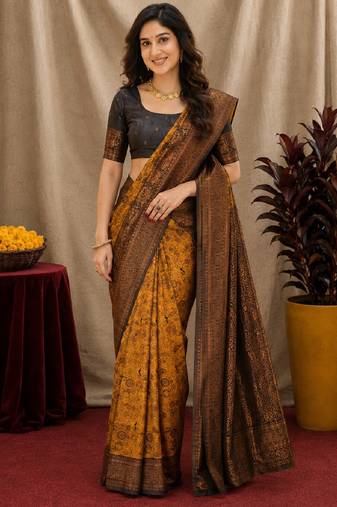 Yellow black Art silk blend banarasi jacquard bird motif work saree with unstitched blouse piece