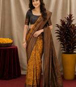 Yellow black Art silk blend banarasi jacquard bird motif work saree with unstitched blouse piece