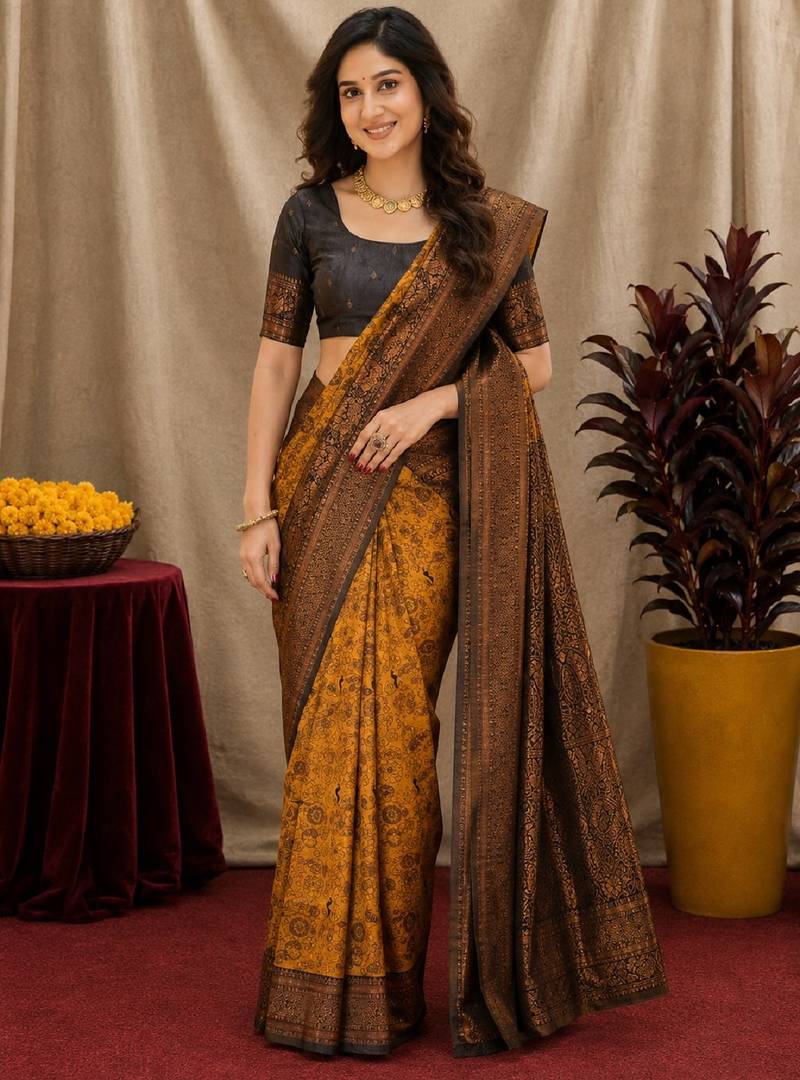 Yellow black Art silk blend banarasi jacquard bird motif work saree with unstitched blouse piece