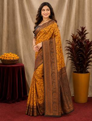 Yellow black Art silk blend banarasi jacquard bird motif work saree with unstitched blouse piece 2
