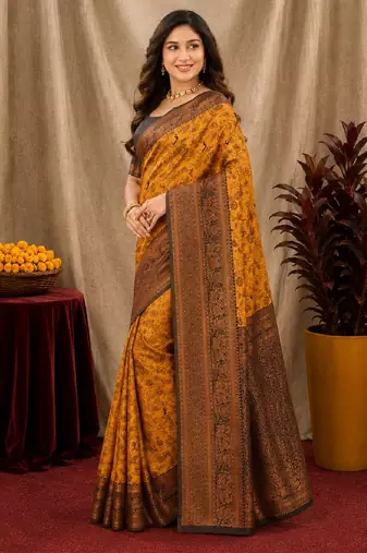 Yellow black Art silk blend banarasi jacquard bird motif work saree with unstitched blouse piece