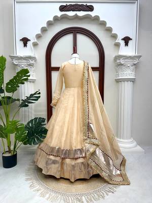 Cream tabby organza mirror work anarkali lehenga set 3