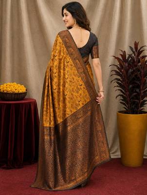 Yellow black Art silk blend banarasi jacquard bird motif work saree with unstitched blouse piece 3