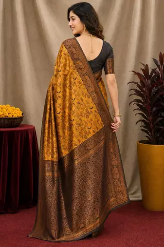 Yellow black Art silk blend banarasi jacquard bird motif work saree with unstitched blouse piece