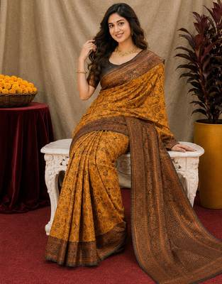 Yellow black Art silk blend banarasi jacquard bird motif work saree with unstitched blouse piece 4