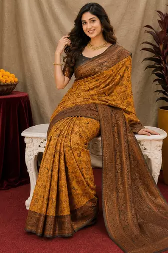 Yellow black Art silk blend banarasi jacquard bird motif work saree with unstitched blouse piece