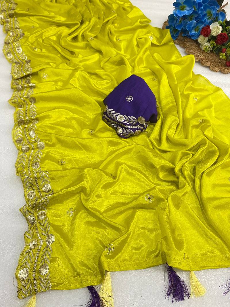 Lemon yellow multicolor sequece embroidery work star georgette saree with blouse