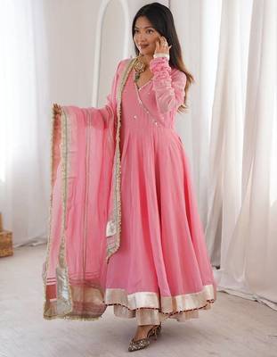 Pink tabby organza mirror work anarkali lehenga set 1