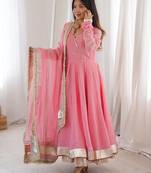 Pink tabby organza mirror work anarkali lehenga set