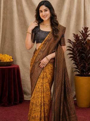 Yellow black Art silk blend banarasi jacquard bird motif work saree with unstitched blouse piece 5
