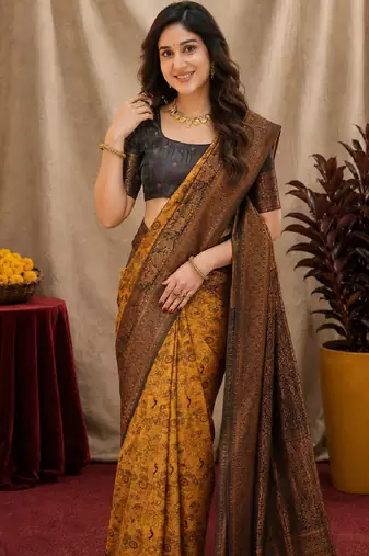 Yellow black Art silk blend banarasi jacquard bird motif work saree with unstitched blouse piece