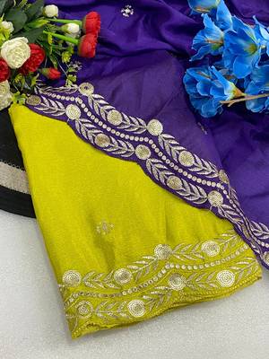 Lemon yellow multicolor sequece embroidery work star georgette saree with blouse 2