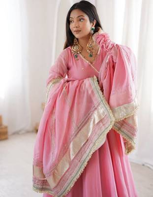 Pink tabby organza mirror work anarkali lehenga set 2