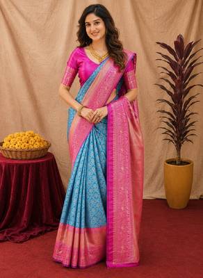 Sky pink art silk blend jacquard motif work saree with unstitched blouse piece 1