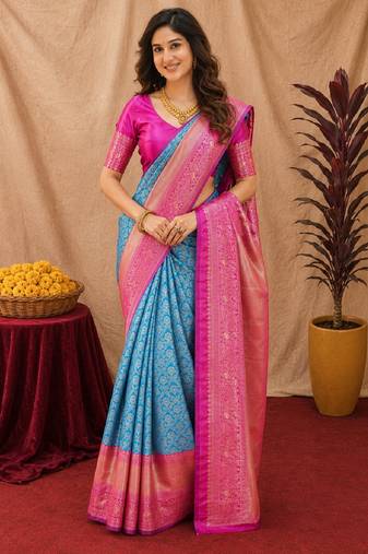 Sky pink art silk blend jacquard motif work saree with unstitched blouse piece