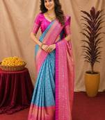 Sky pink art silk blend jacquard motif work saree with unstitched blouse piece