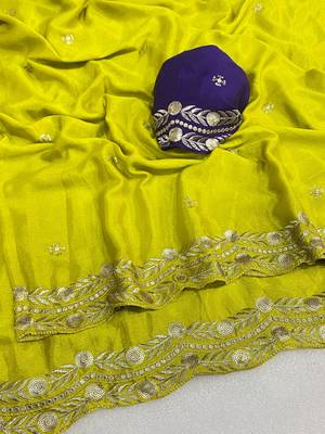 Lemon yellow multicolor sequece embroidery work star georgette saree with blouse 3