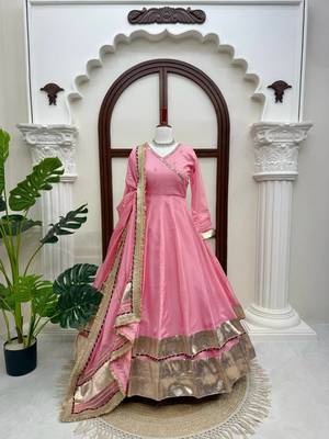 Pink tabby organza mirror work anarkali lehenga set 3