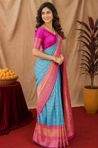 Sky pink art silk blend jacquard motif work saree with unstitched blouse piece