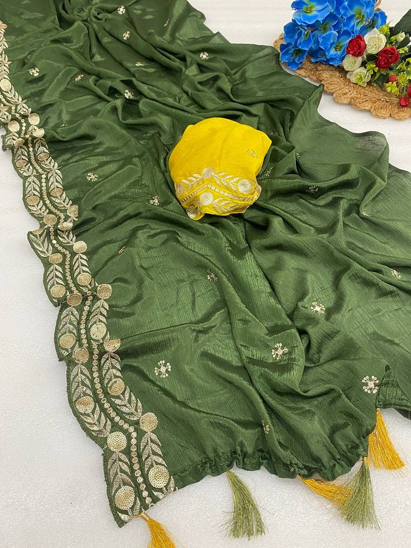 Mehndi multicolor sequece embroidery work star georgette saree with blouse