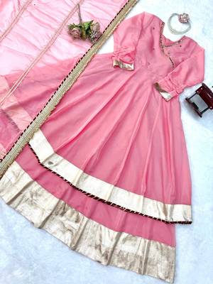 Pink tabby organza mirror work anarkali lehenga set 4