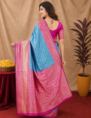 Sky pink art silk blend jacquard motif work saree with unstitched blouse piece 3