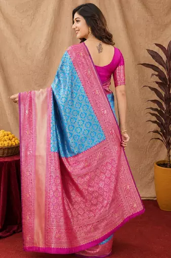 Sky pink art silk blend jacquard motif work saree with unstitched blouse piece