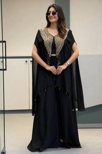 Black star georgette indo-western jacket, blouse & palazzo set