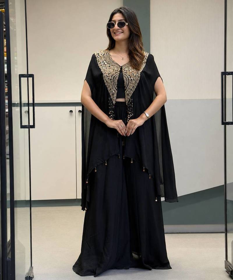 Black star georgette indo-western jacket, blouse & palazzo set